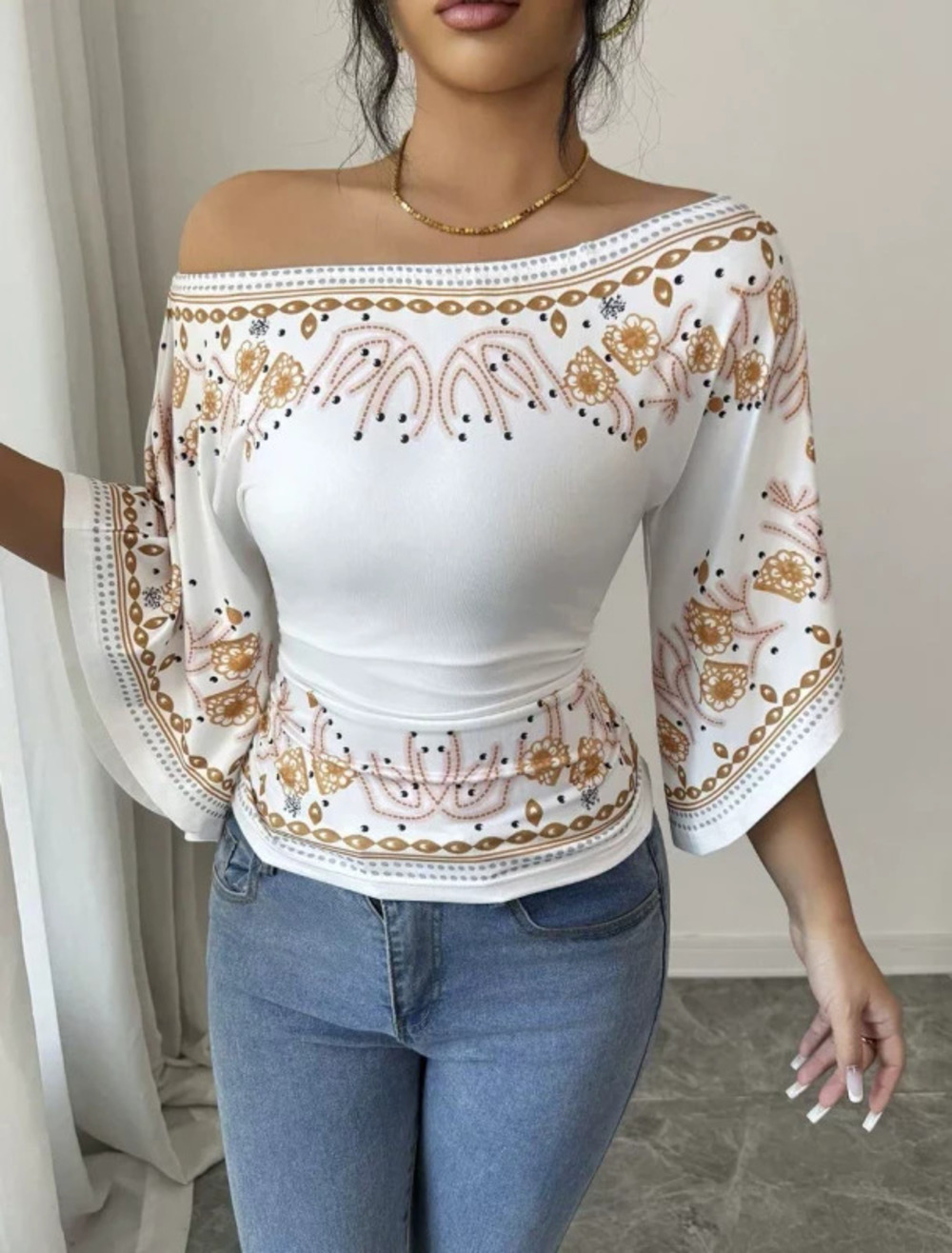 ZARA Vintage Placement Print Long Sleeve Wrap Neck Slim Fit Sexy Top
